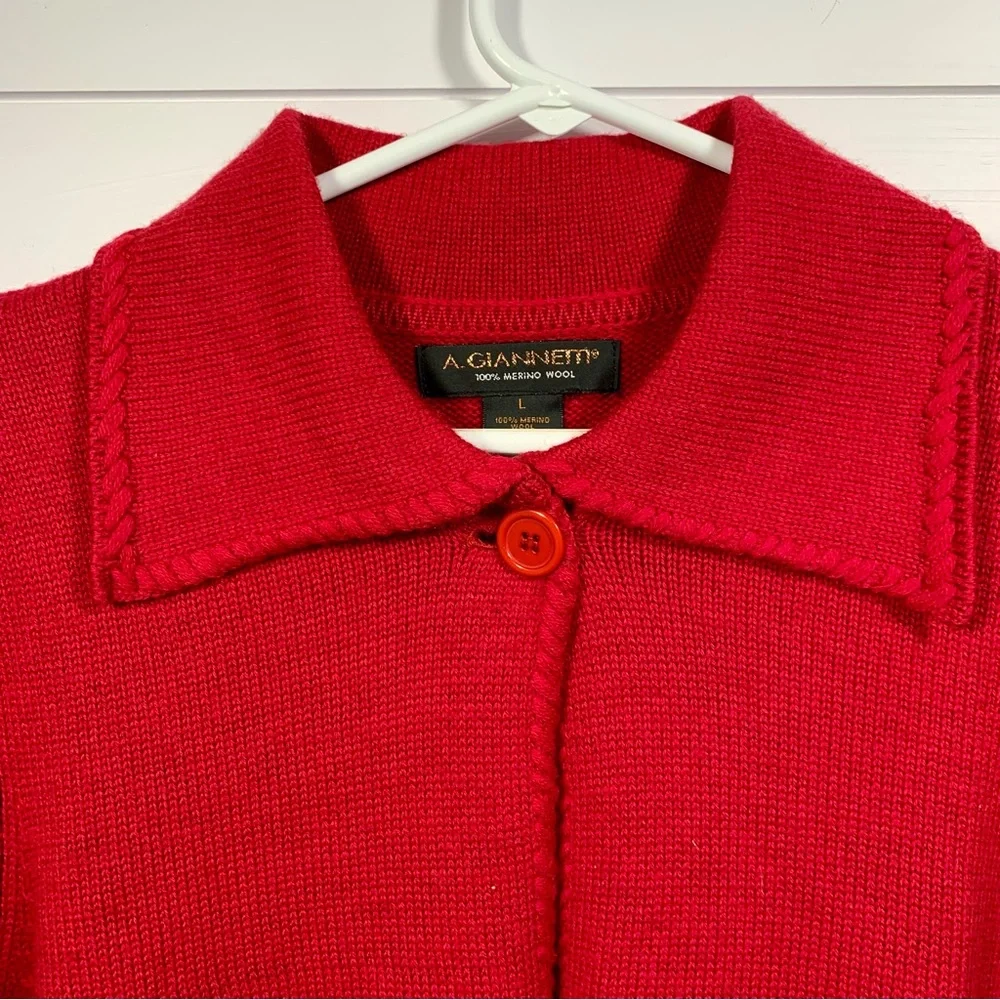 A. Giannetti Cardigan‎ Sweater Women Sz L Red 100% Merino Wool Collar Christmas - Picture 3 of 12